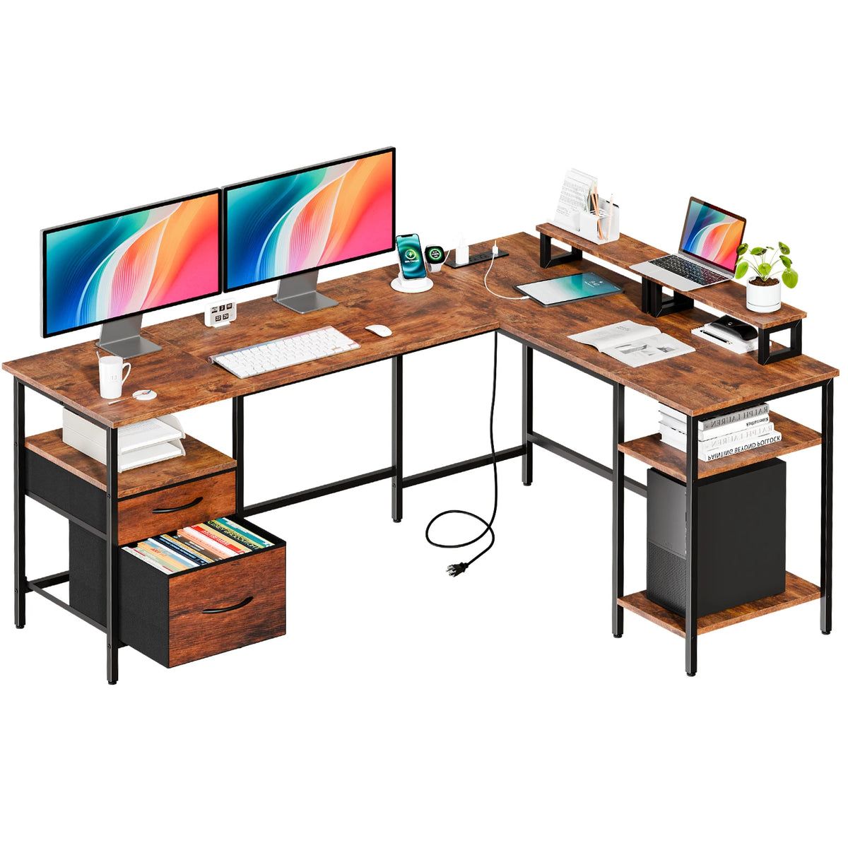 JHK L Shaped Computer Desk With Drawers And Shelves