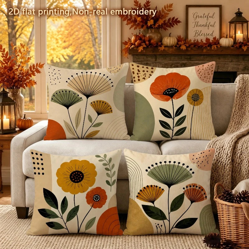 4 Pc Boho Floral Polyester Throw Pillow Cover Set