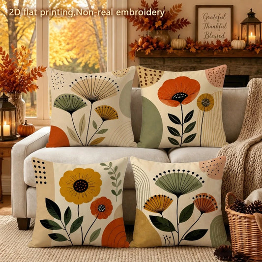 4 Pc Boho Floral Polyester Throw Pillow Cover Set