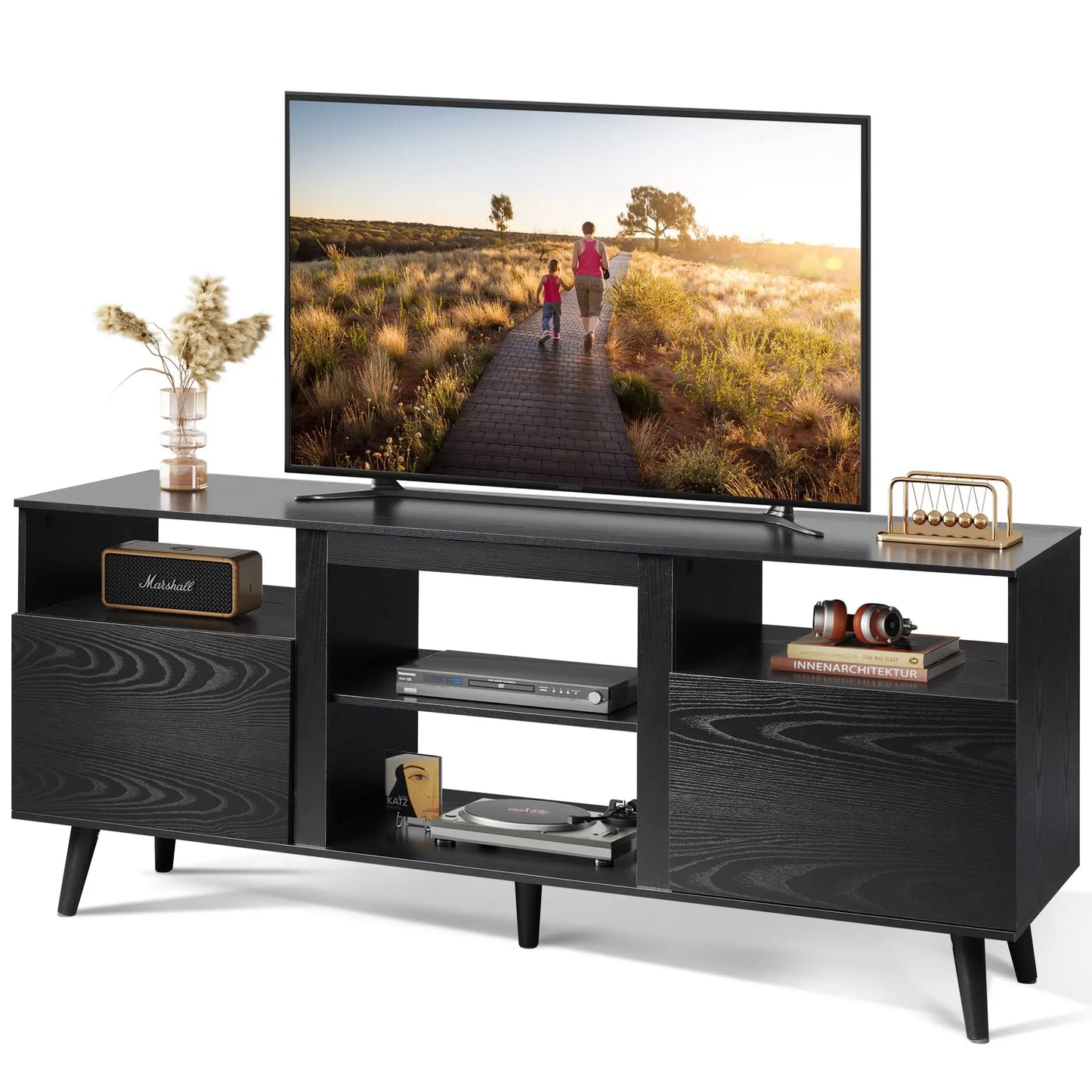 TV Stand With Storage Cabinet And Cable Management