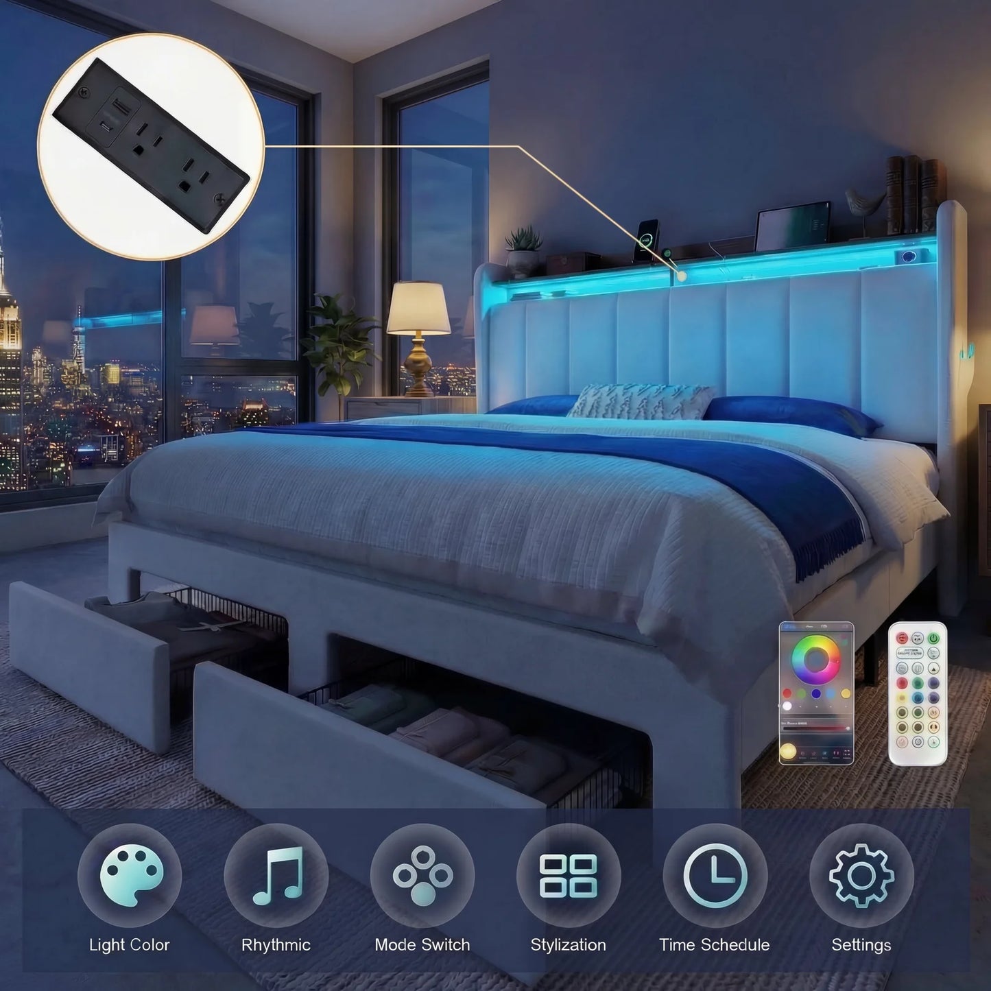 Hoomic Full Queen King Bed Frame With Storage Drawers Shelves Led Lights Charging Station