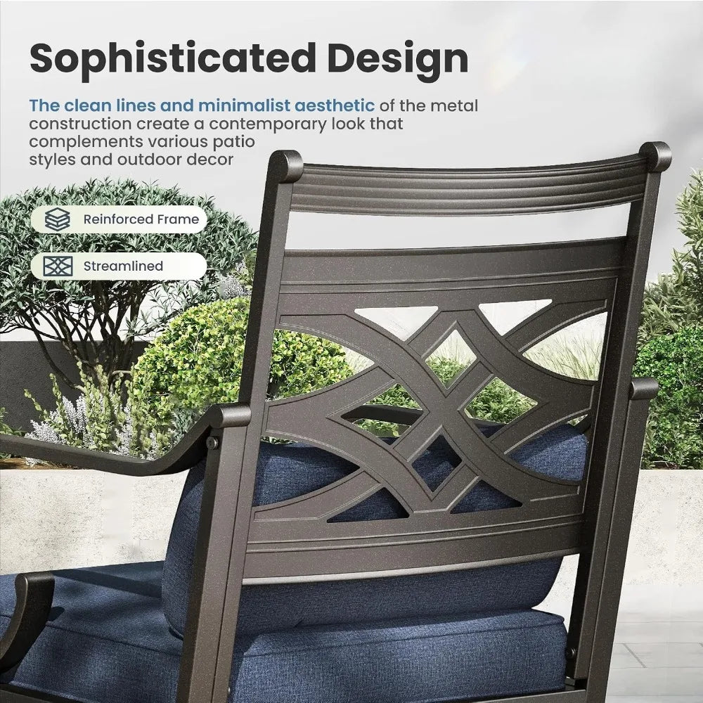 Set Of 2 Outdoor Iron Dining Chairs With Blue Cushions
