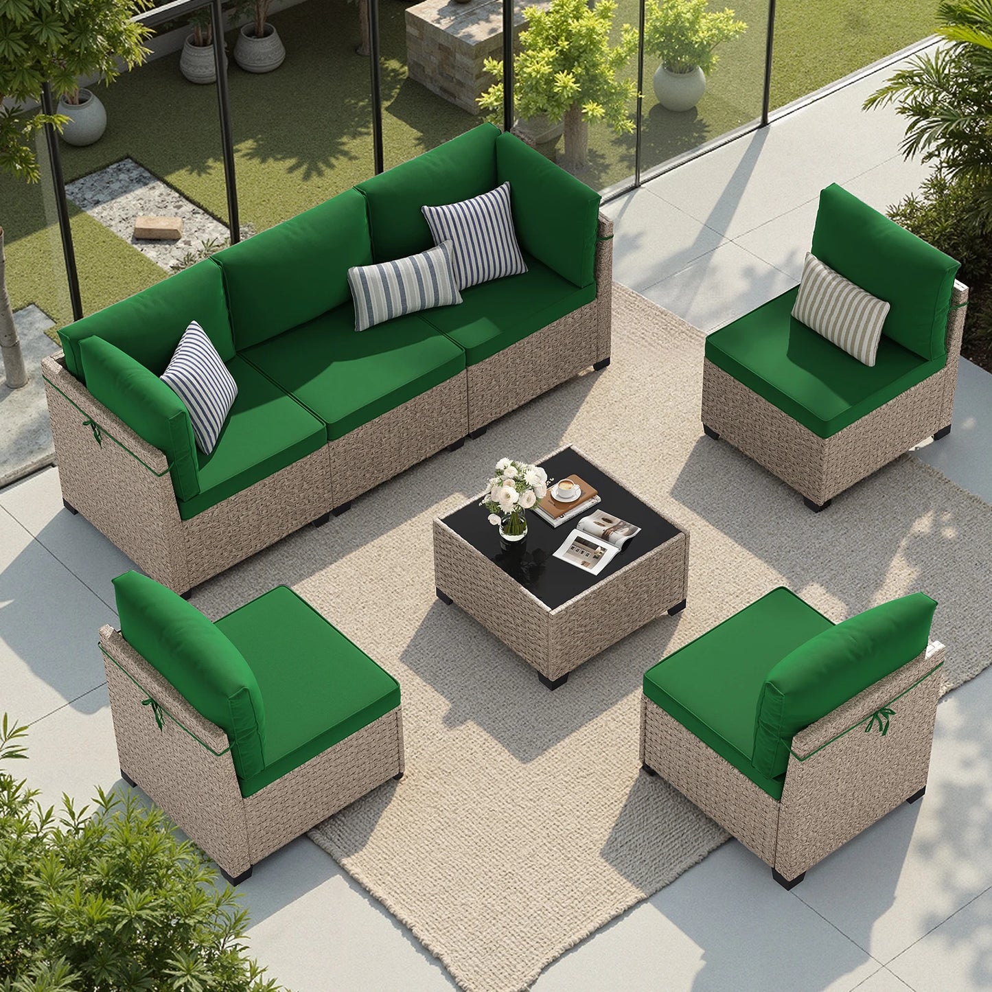 7-Piece Rattan Sectional Sofa Set With Glass Table