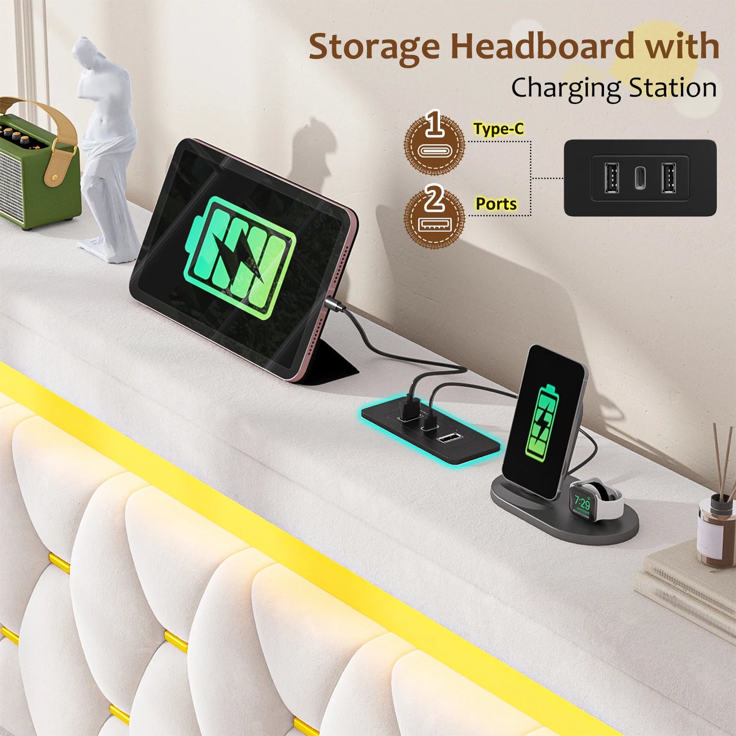 EnHomee LED Platform Bed Frame With Four Storage Drawers And Charging Station