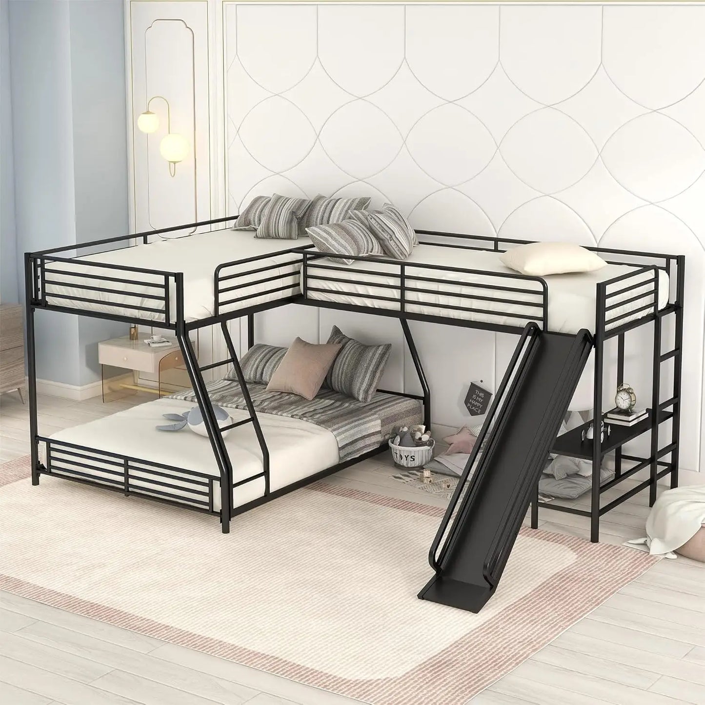 Triple Level Bunk Bed Frame With Integrated Storage Drawers