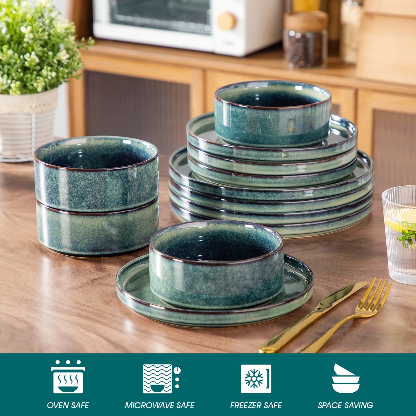 MALACASA Ceramic Dinnerware Set Reactive Glaze Vertical Edge