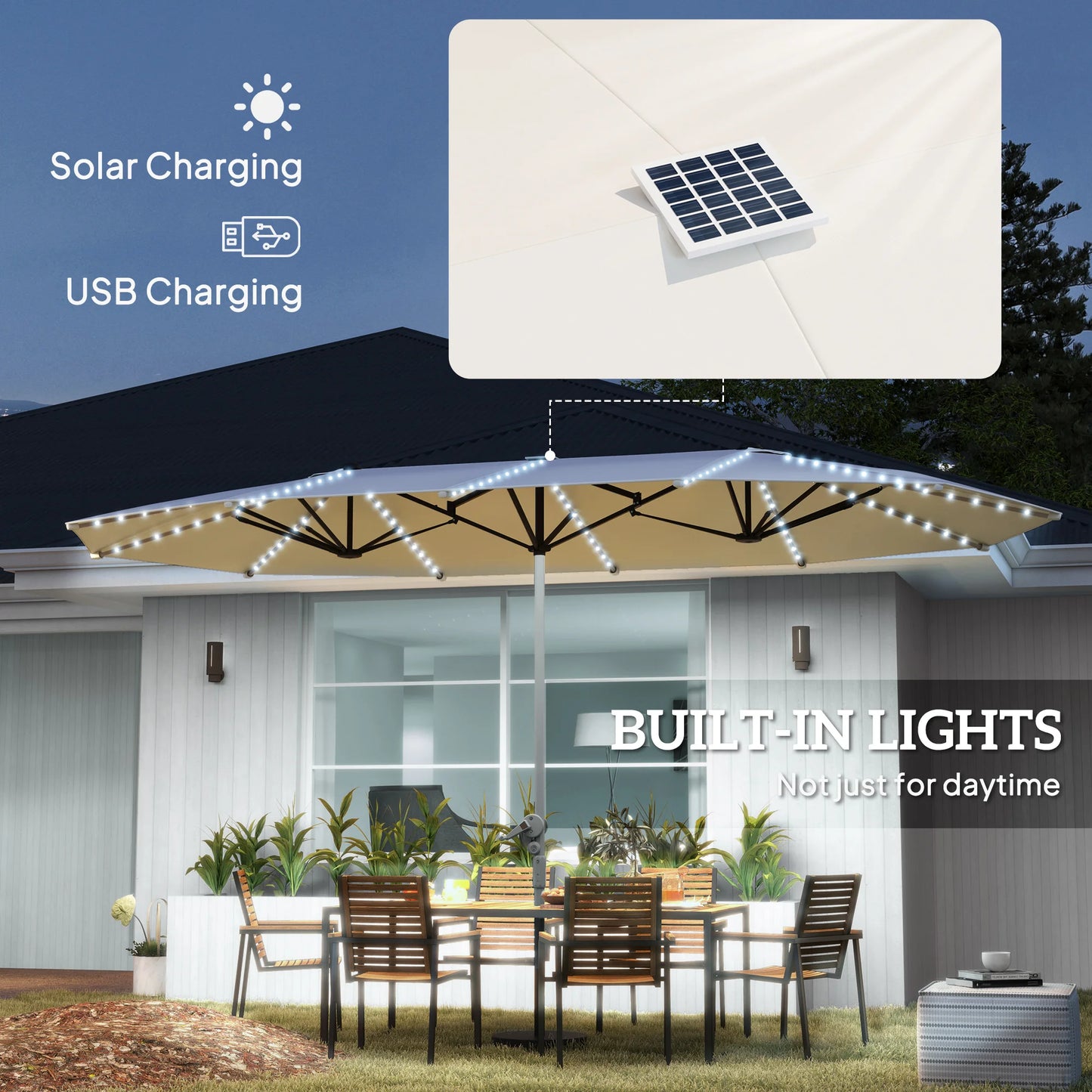 Outdoor Patio Umbrella With Built In Solar Lights UPF50Plus
