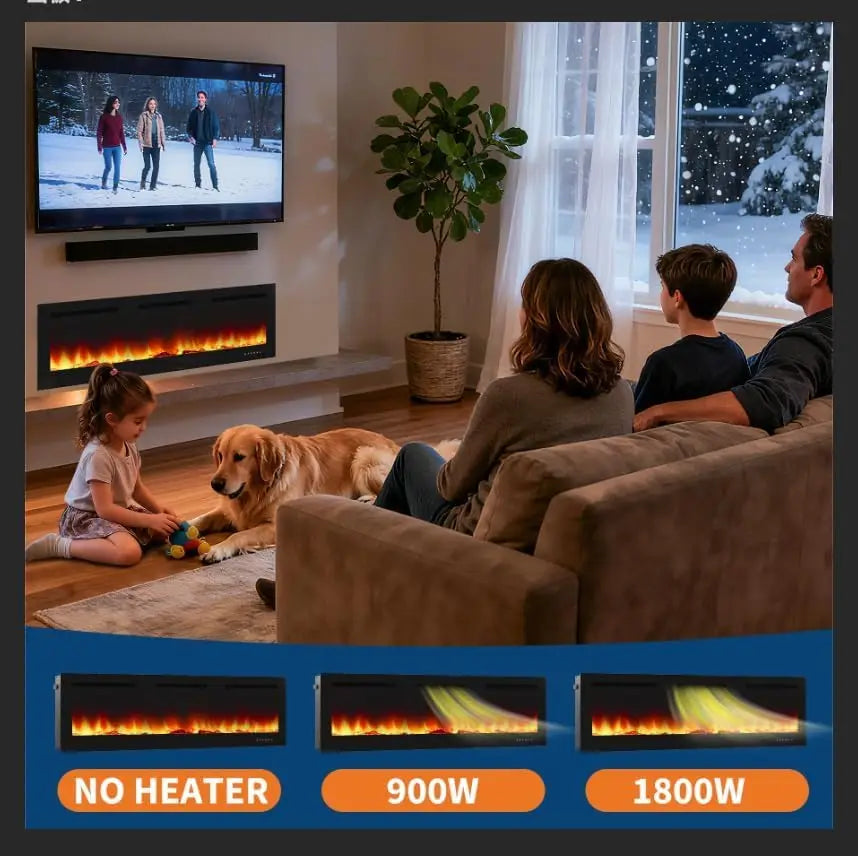 50" 3D Electric Fireplace Recessed & Wall Mounted Stove with 12 Color LED Flame Modes 900/1800w Dual-Power Heating