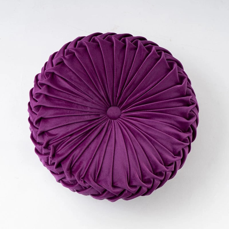 Round Velvet Throw Pillow With Pleated Design