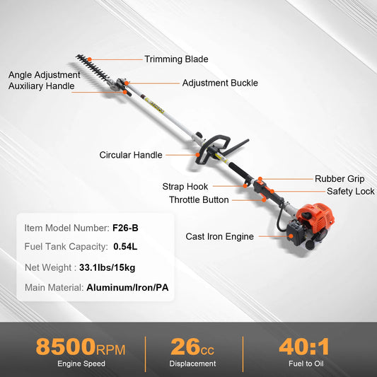 SucceBuy 26CC 5-in-1 Multi-Functional Trimming Tools Gas Hedge Trimmer Weed Eater String Trimmer Edger Pole Saw Chainsaw Pruner