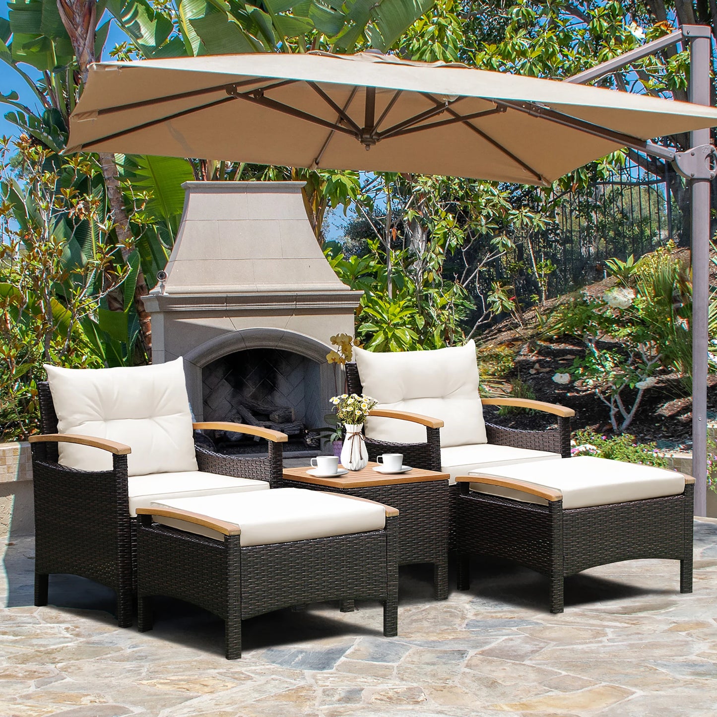 HOMASIS 5-Piece Patio Rattan Sofa Set With Wood-Top Table Cushions