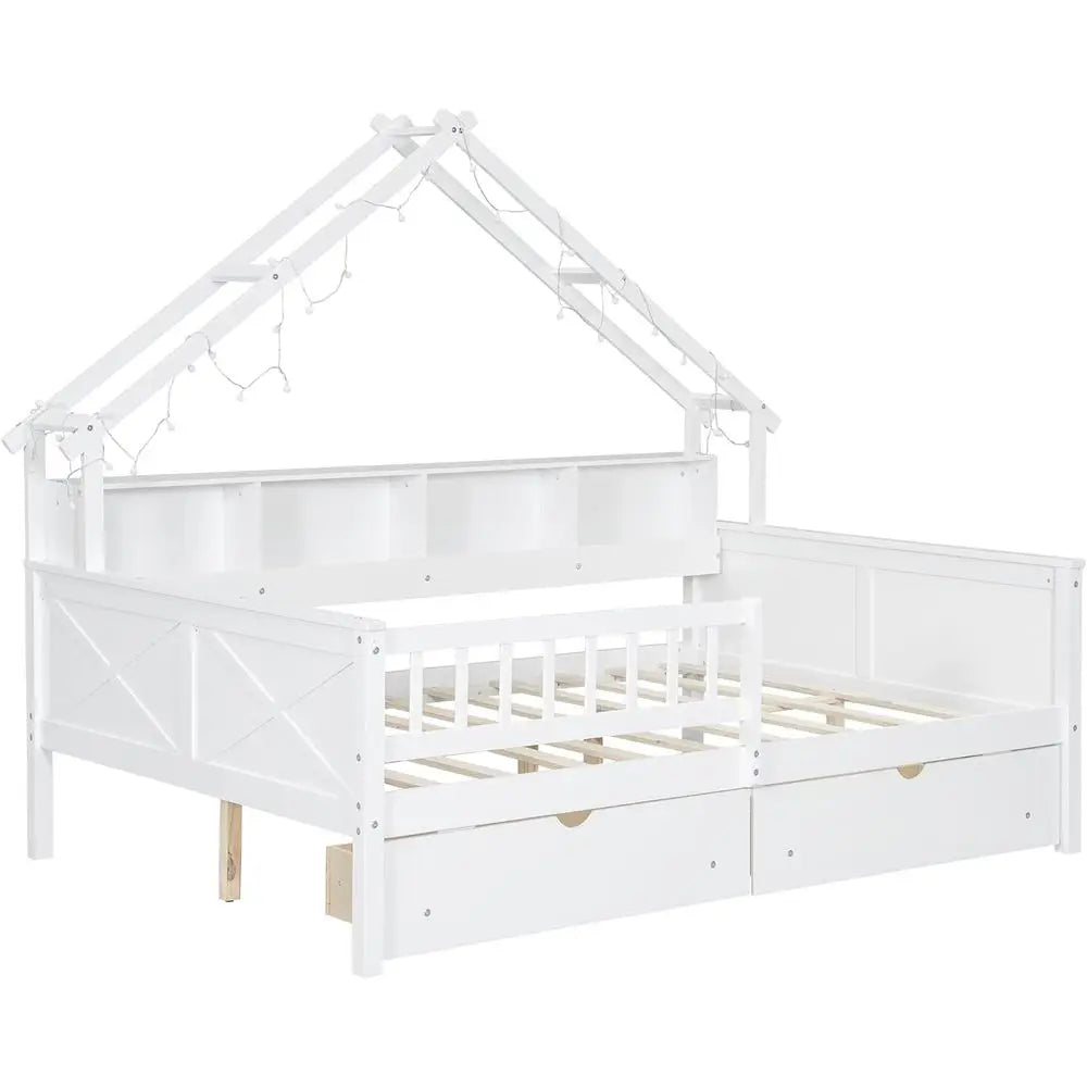 Full-Size Wooden Bed with Storage Drawers, LED Daybed, Shelves, and Safety Rails for Kids - White