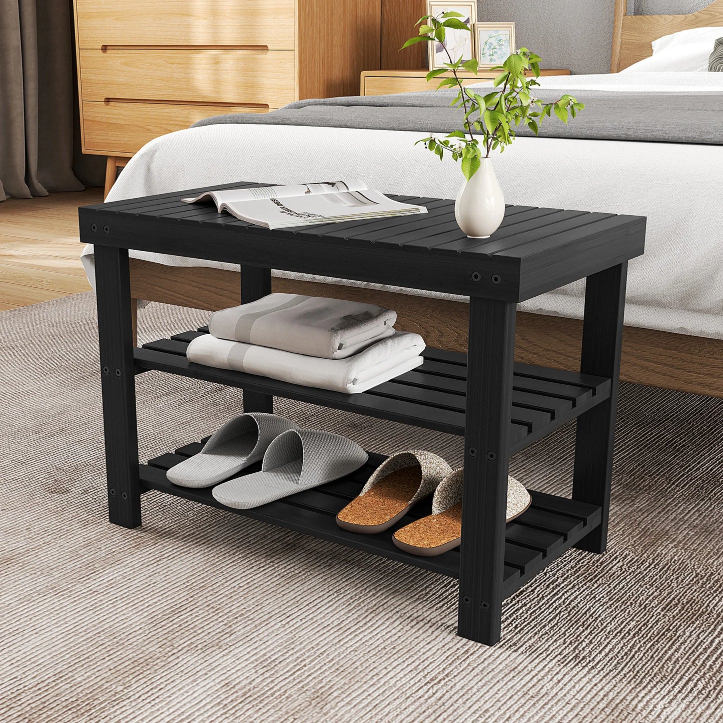 JHK 3 Tier Bamboo Entryway Bench Shoe Rack Organizer