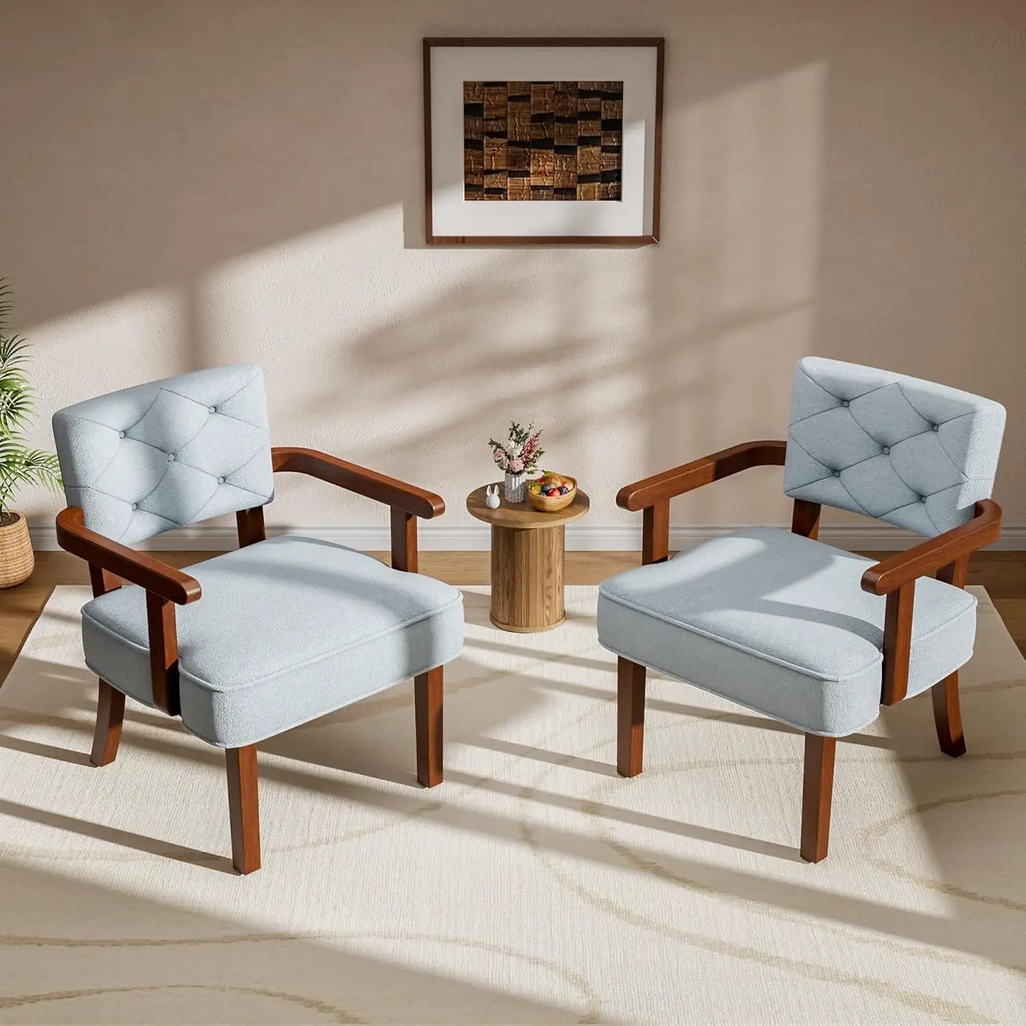 Oversized Upholstered Armchair Set Tufted Back Cushioned Wood Frame TwoPieceSet