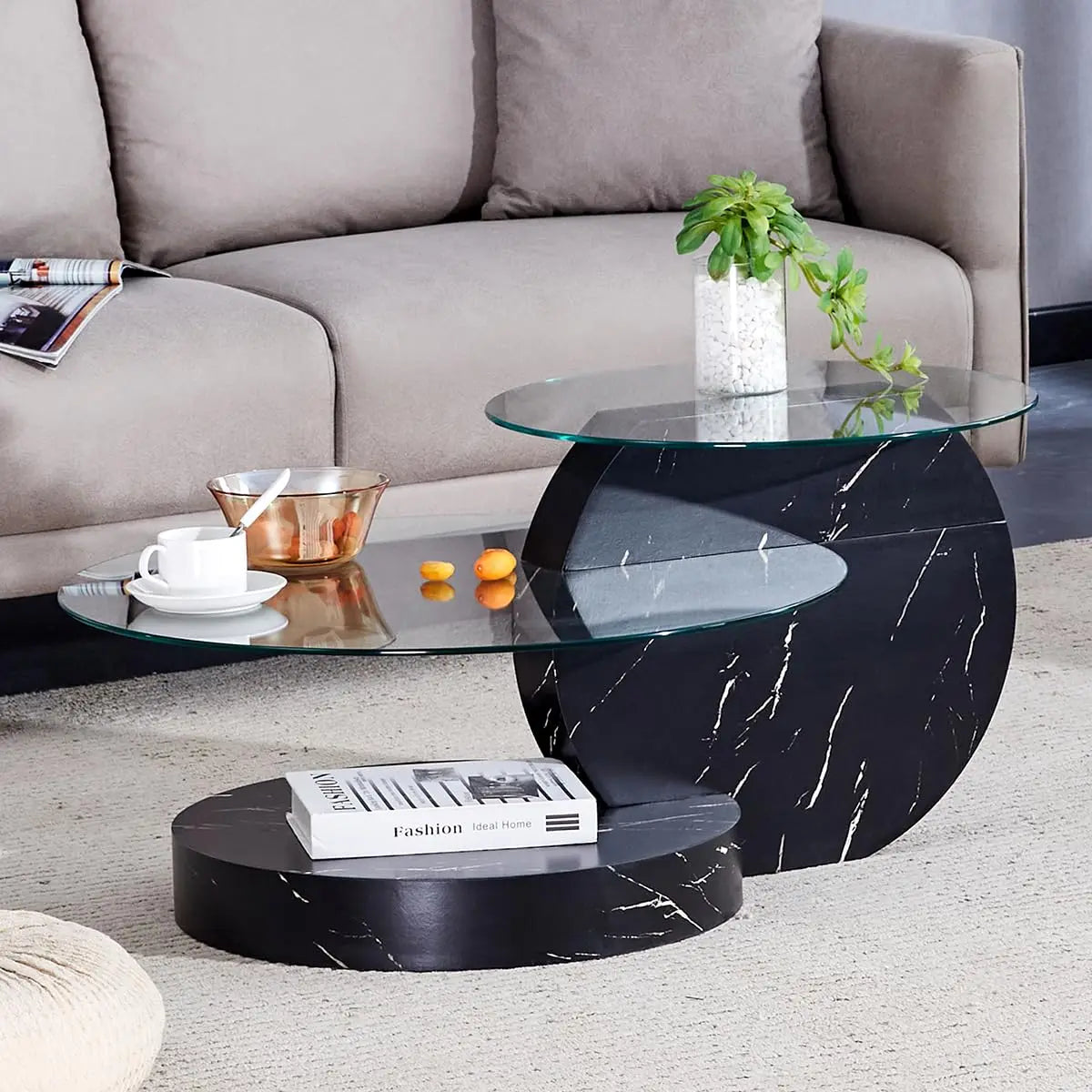 Glass Round Coffee Table Three Tier Tempered Glass Top Wood Base