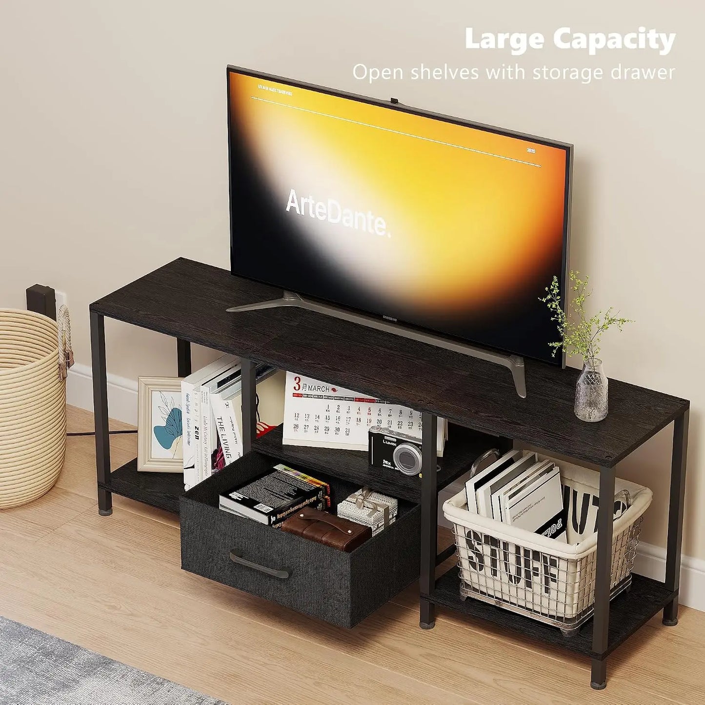 TV Stand With LED Lights And Fabric Drawer Media Console
