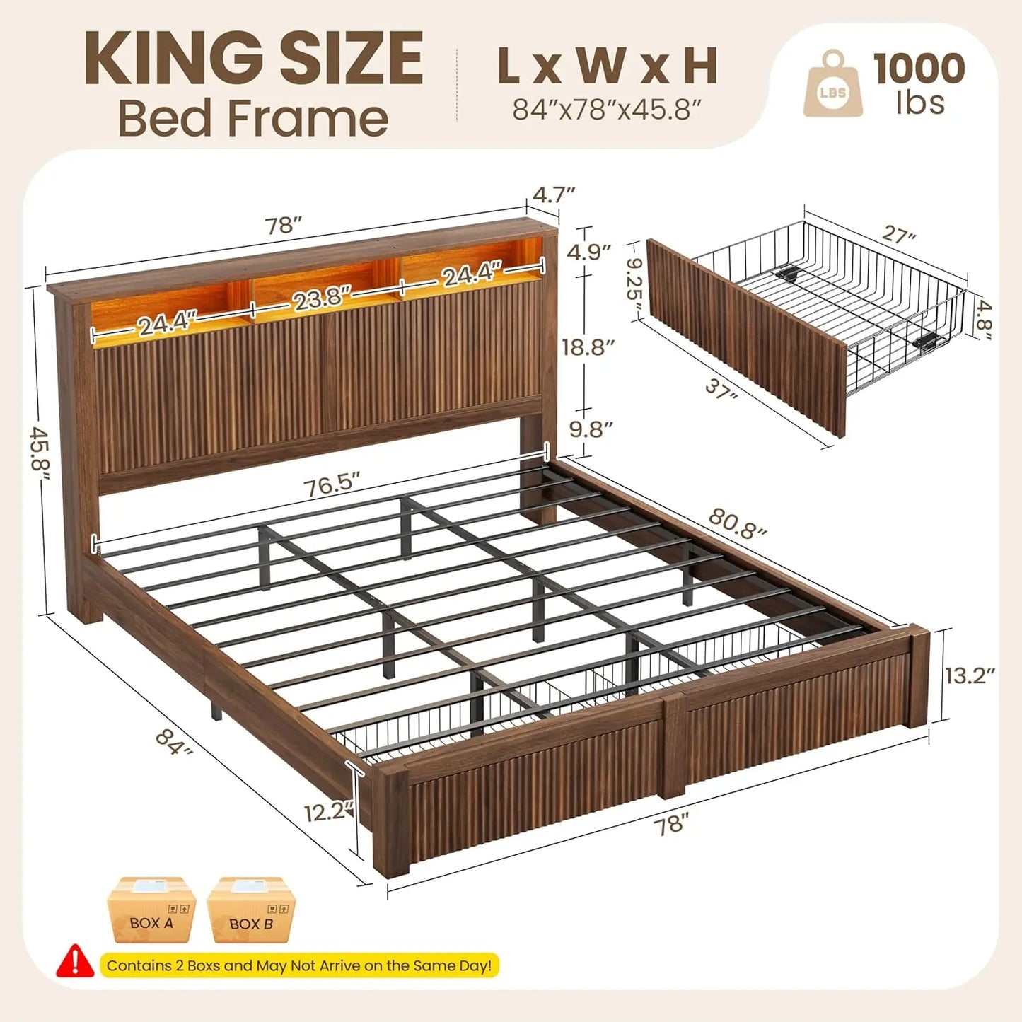 King Bed Frame With Headboard LED Storage Drawers USB