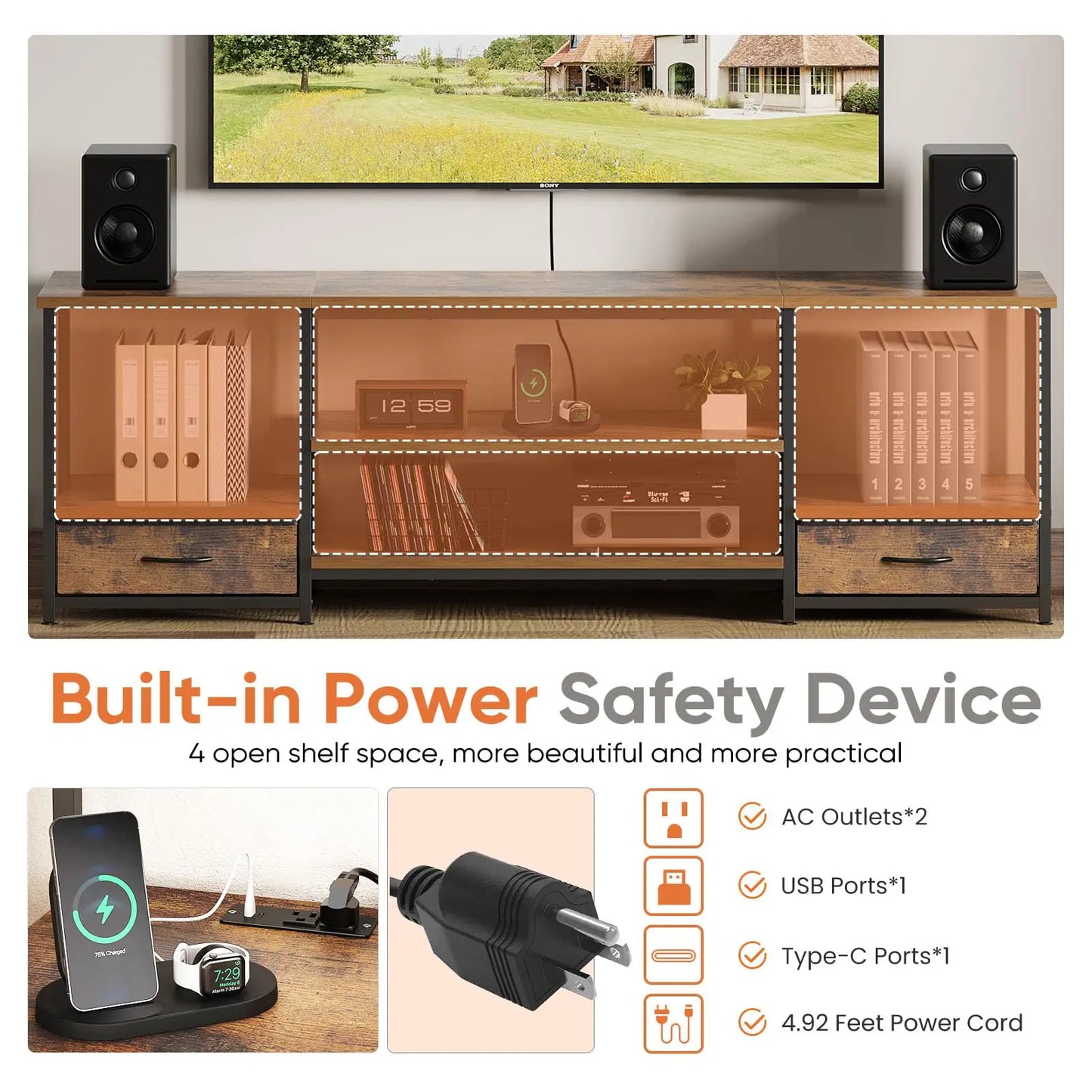 JHK Wooden TV Stand Entertainment Center With Adjustable Shelf Storage