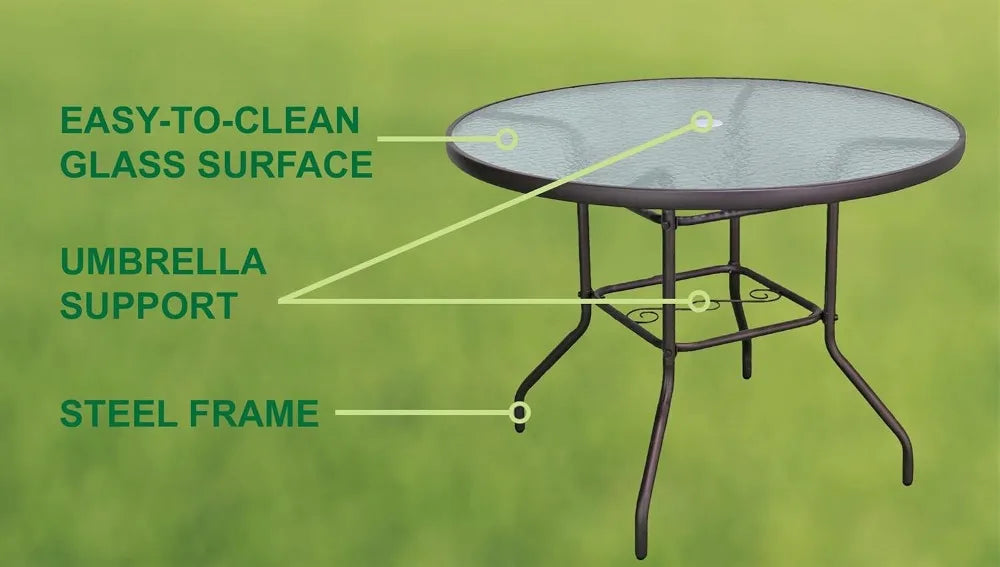 Round Patio Dining Table With Steel Base And Glass Top