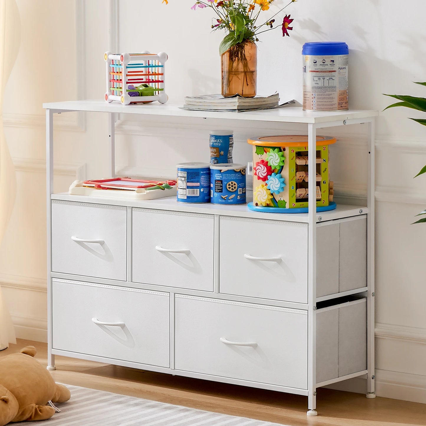 JHK Fireplace TV Stand Dresser With 5 Fabric Drawers Storage