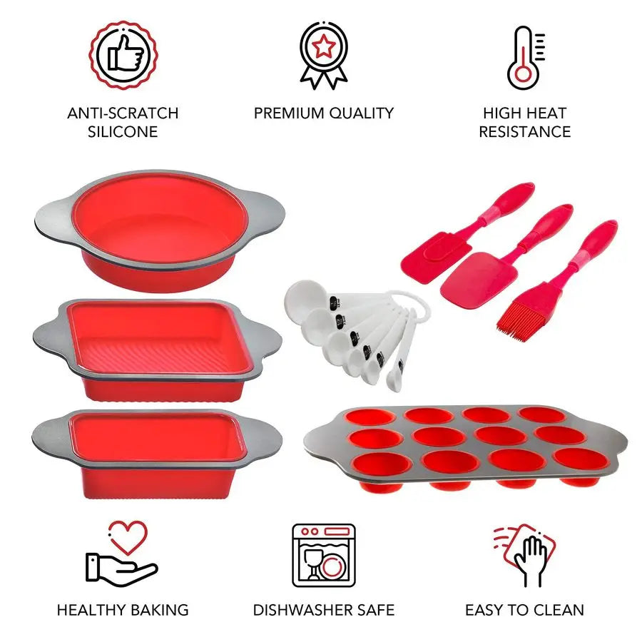 XMSJ 13 Piece Nonstick Silicone Bakeware Set With Cake Pan And Measuring Spoons