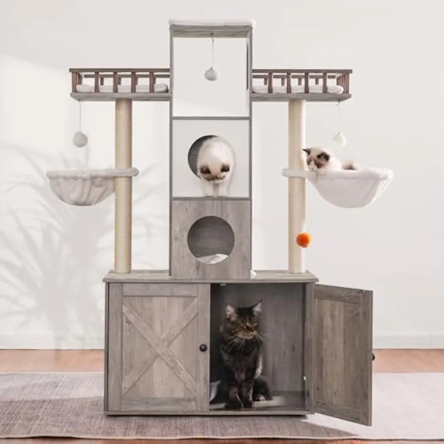 Cat Tree with Litter Box Enclosure for Indoor Big Cat Cat Tower for Large Cats 20lbs Heavy Duty Modern Cat Condo Furniture with