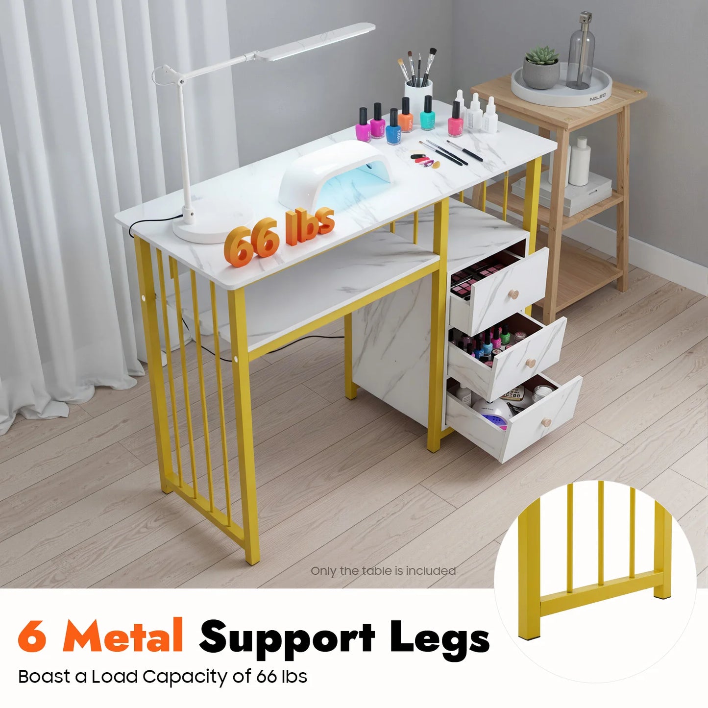 Marbling Texture Manicure Desk 100cm Manicure Table with 3 Drawers Nail Desk 30kg Loads for Nail Salons, Beauty Salons