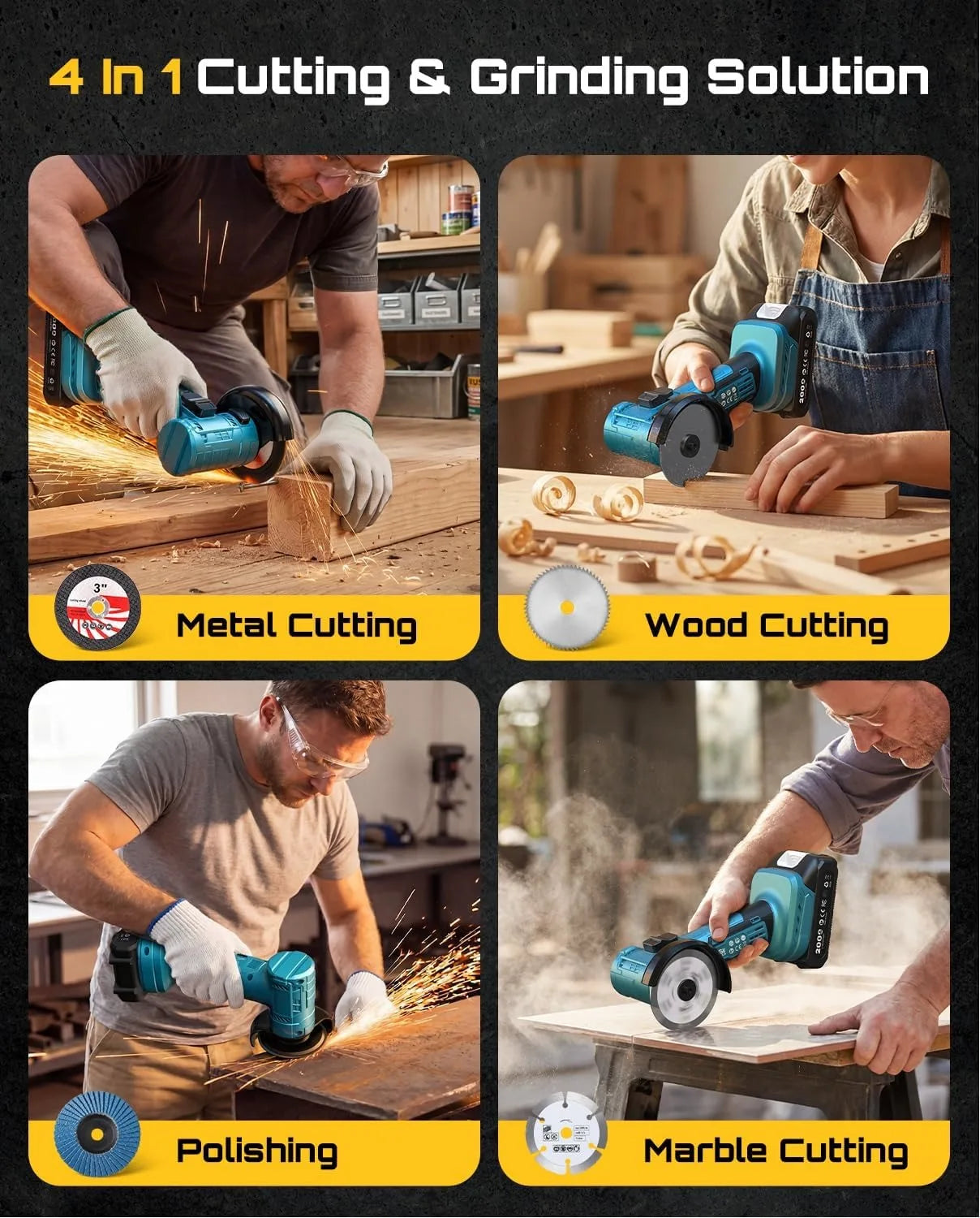 SEESII Cordless Mini Angle Grinder 3 Inch Brushless Angle Grinder 19000 RPM with 2pcs 21V 2.0Ah Batteries, 7pcs Cutting Discs 210W Power Electric Grinder Tool for Metal Wood Polishing Rust Removal