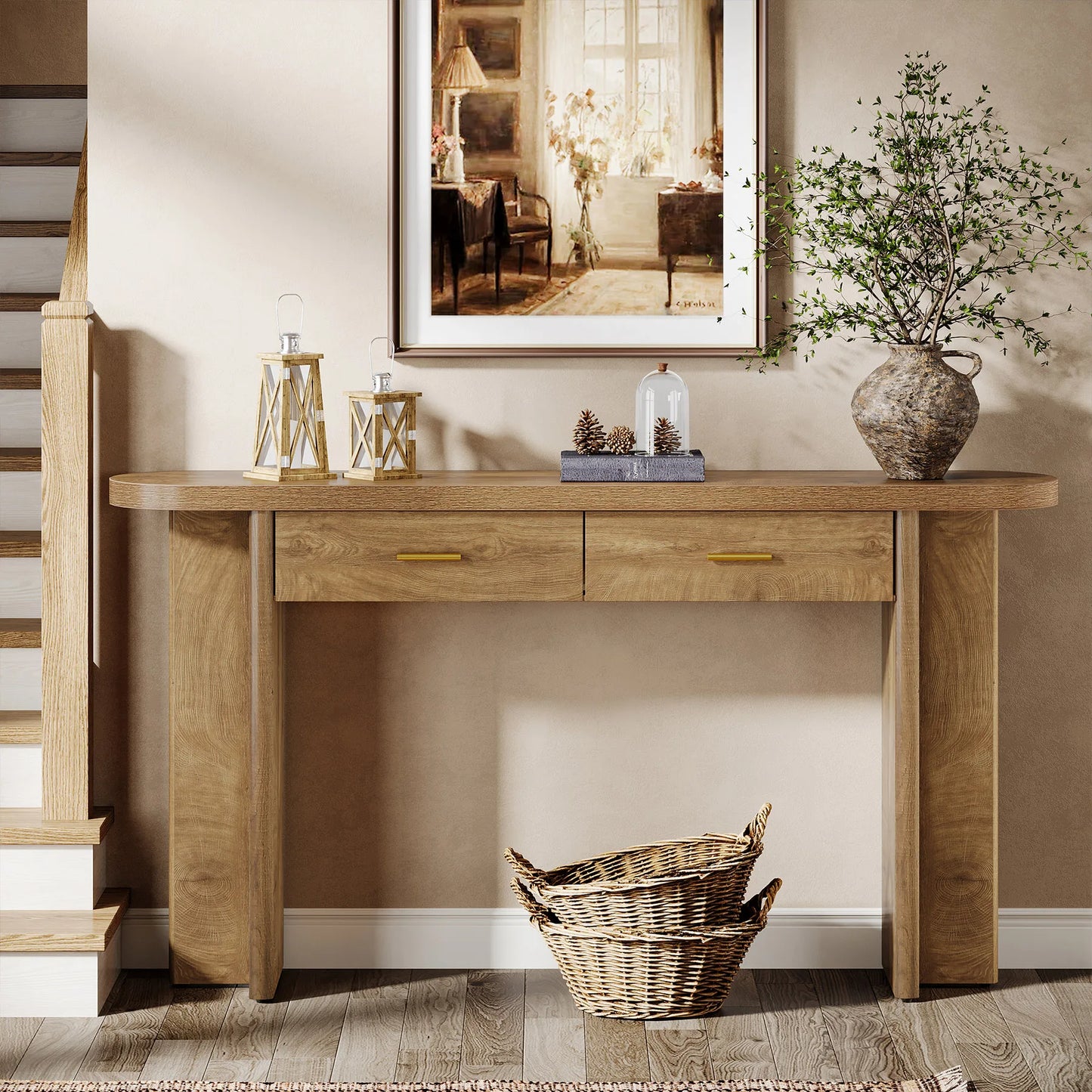 Tribesigns 63 Inch Oval Farmhouse Console Table With Storage