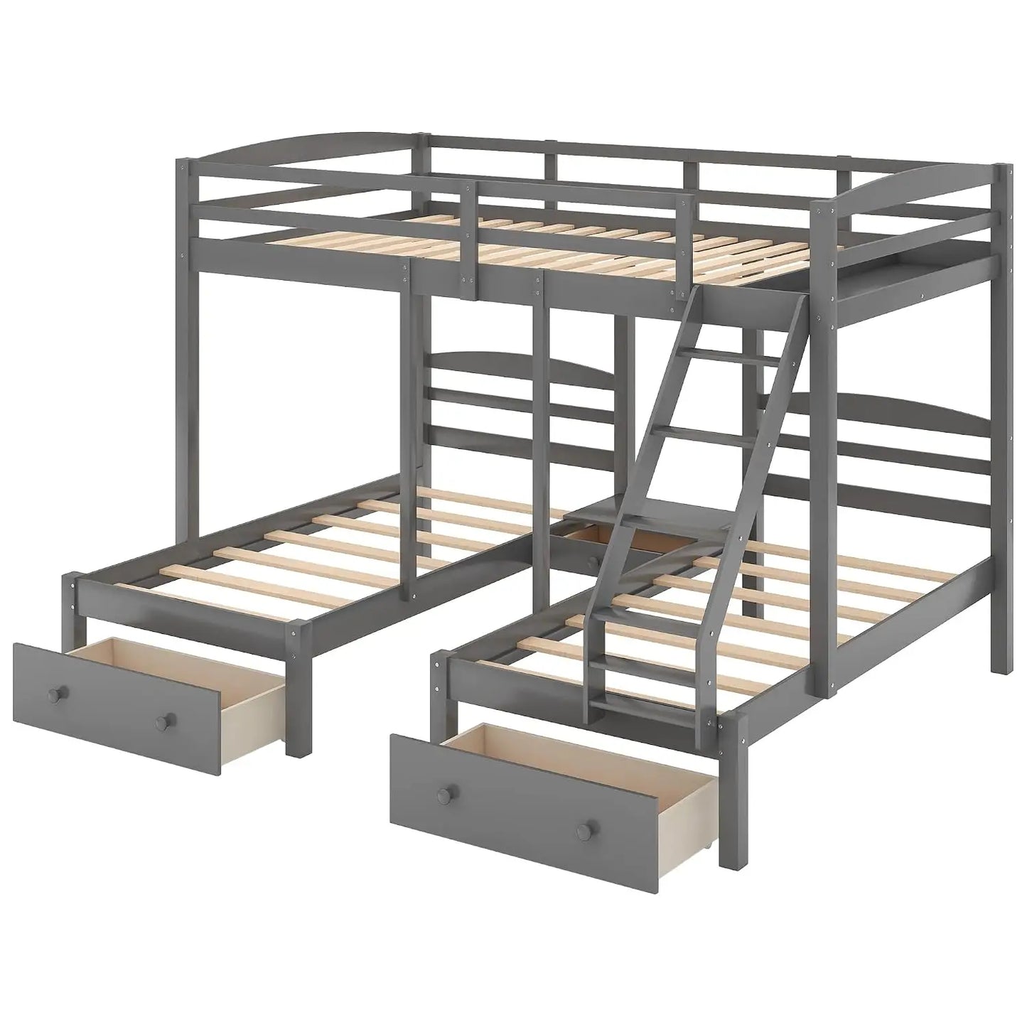 Triple Level Bunk Bed Frame With Integrated Storage Drawers