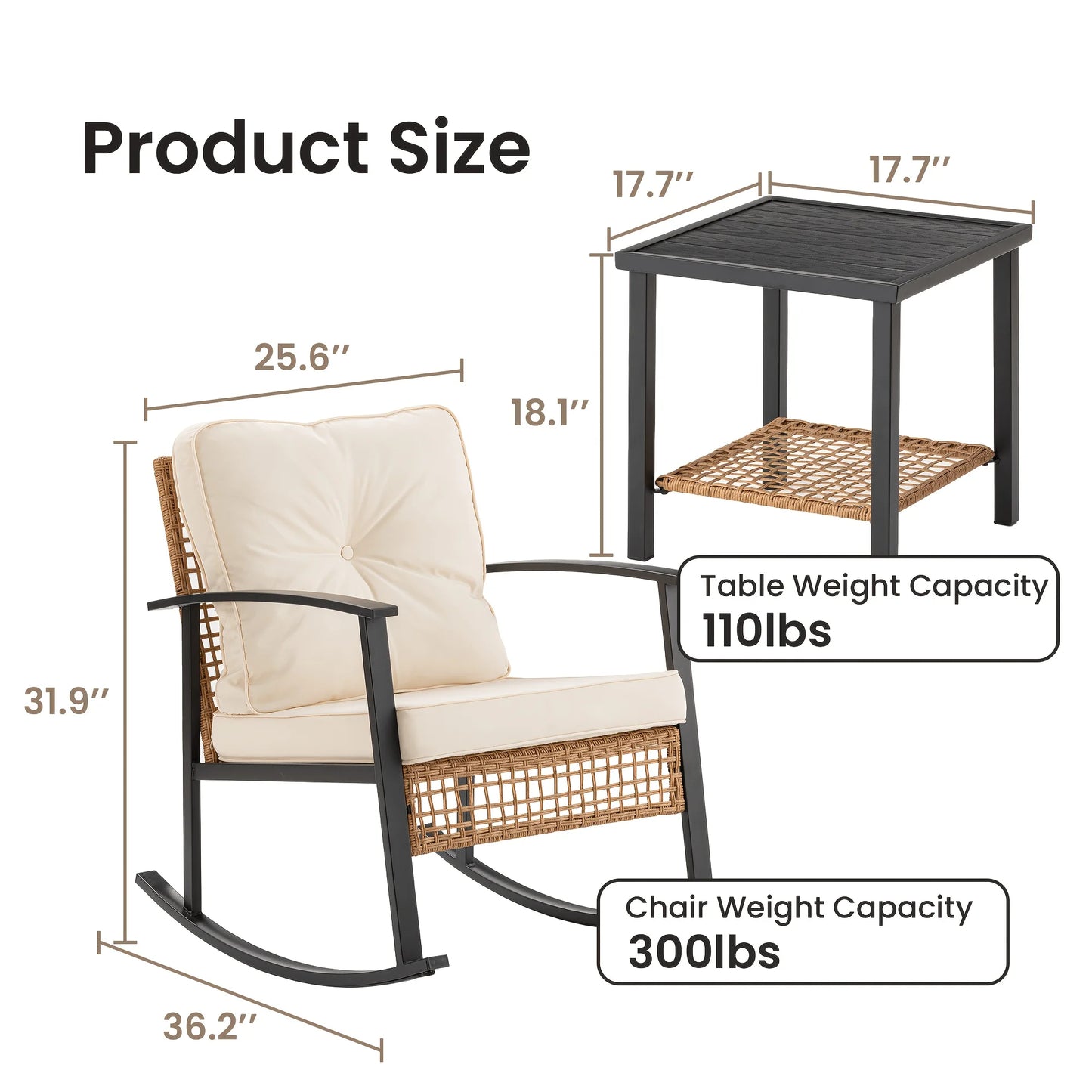 PIYRQ Rattan Rocking Chair Set Outdoor Patio Garden 3 Piece