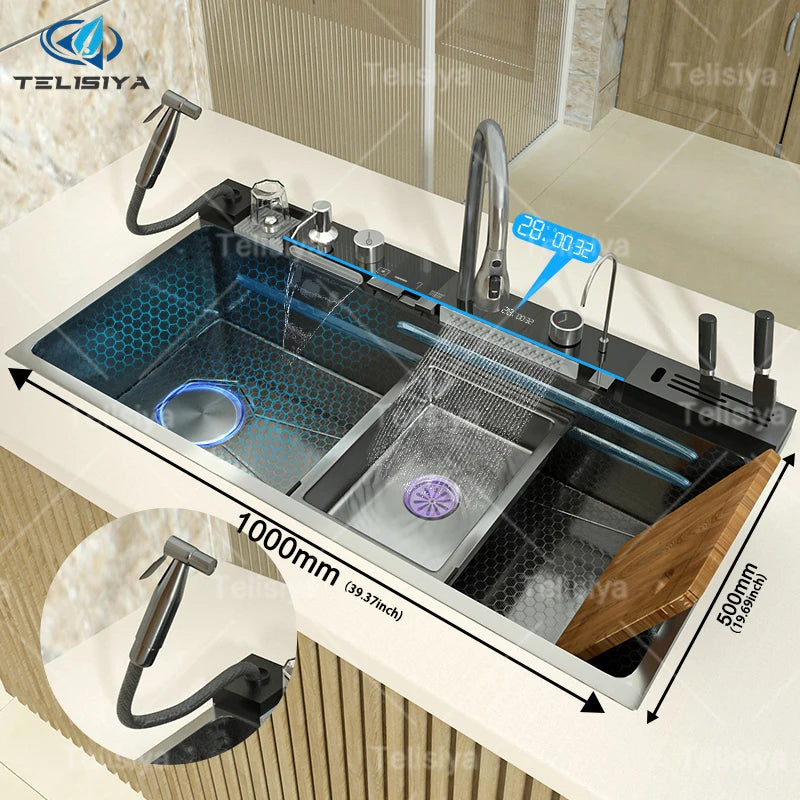 Telisiya Waterfall Kitchen Sink Stainless Steel Single Slot Digital Display