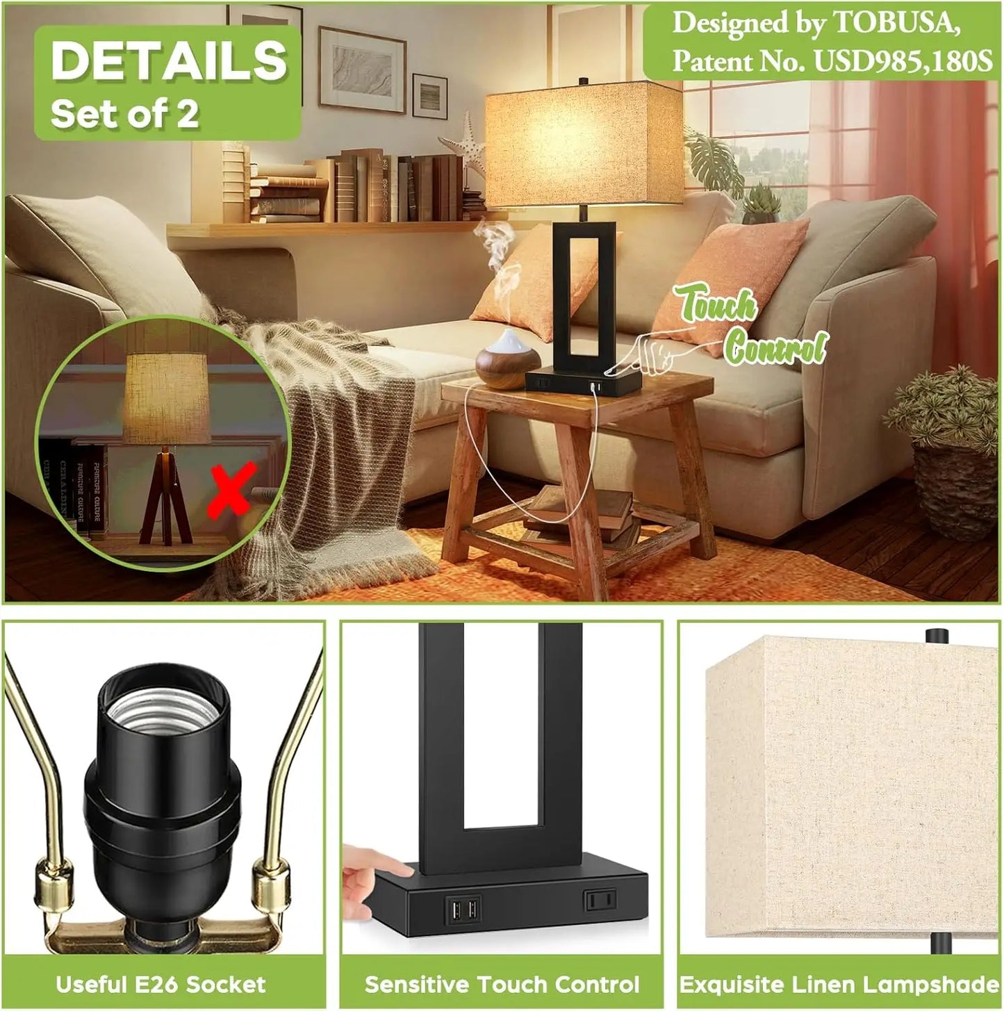 2-Pack Touch Control Table Lamp With USB Ports Dimmable Nightstand