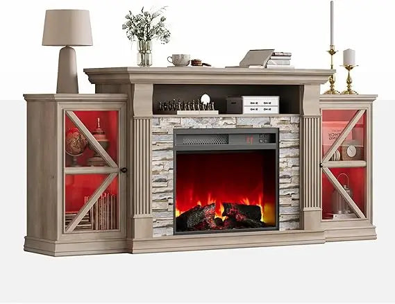 Electric Fireplace TV Stand Modern Farmhouse Entertainment Center Glass Cabinet