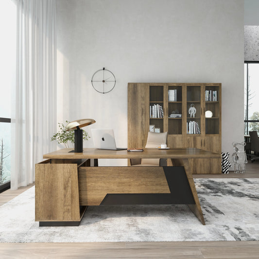 L Shaped Executive Office Desk Corner With Wireless Charging And Printer Storage