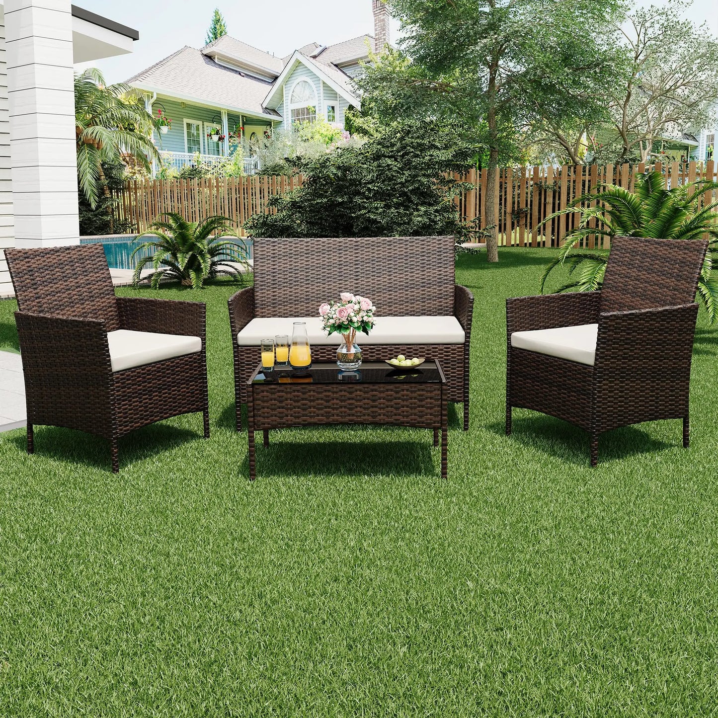 HiMISS 4 Piece Rattan Patio Bistro Furniture Set With Cushioned Sofa