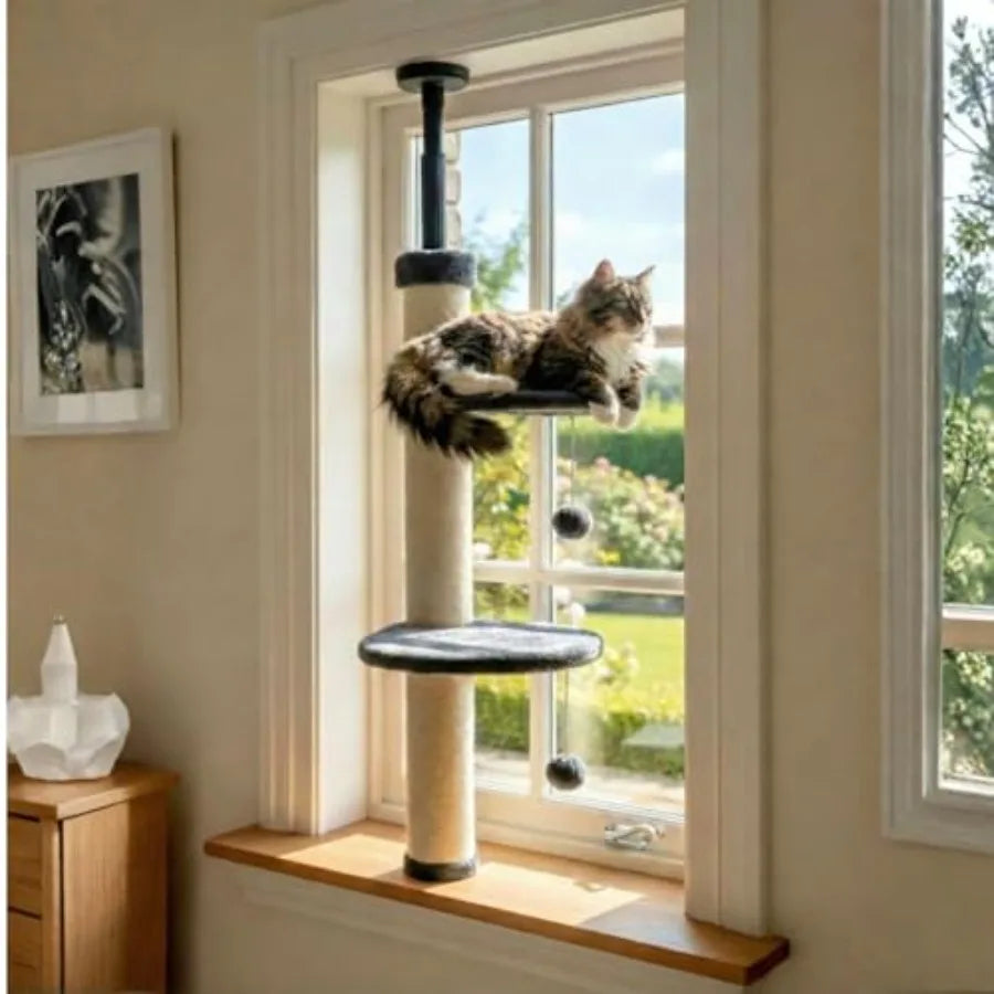 Adjustable Window Cat Tree for Indoor Cats Sturdy Window Sill Extender Seat in Brown Beige Large Cat Tower with Perch Shelf 104