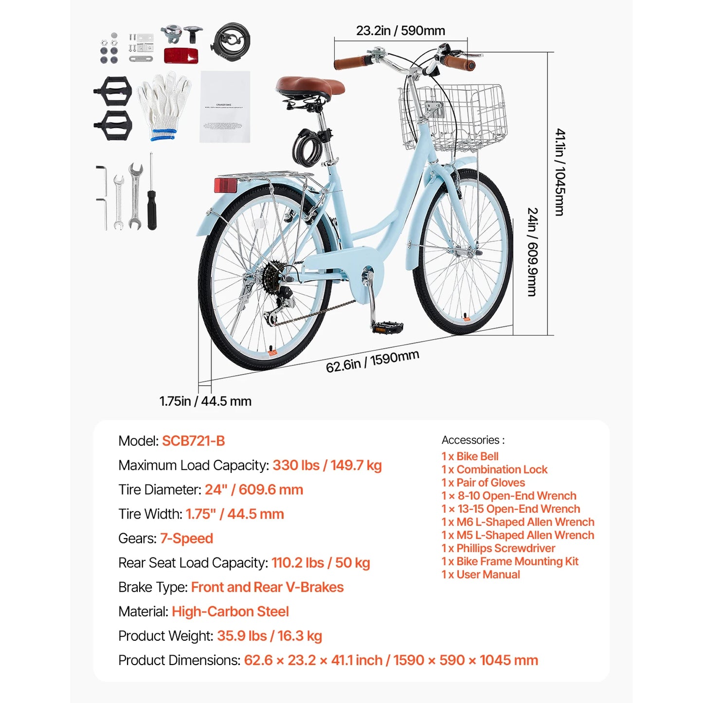 SucceBuy Cruiser Beach Bike With Basket And Rear Rack