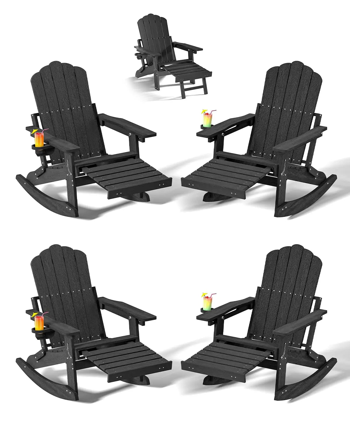 Folding Adirondack Rocking Chair with Retractable Ottoman & Cup Holder Patio Porch Lawn Outdoor Brown Set of 4, Custom