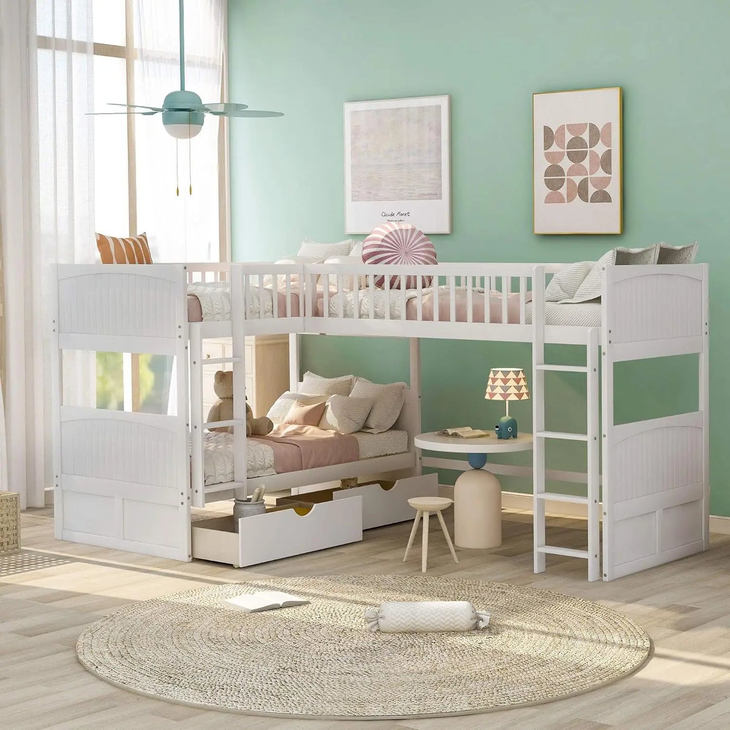 Triple Level Bunk Bed Frame With Integrated Storage Drawers