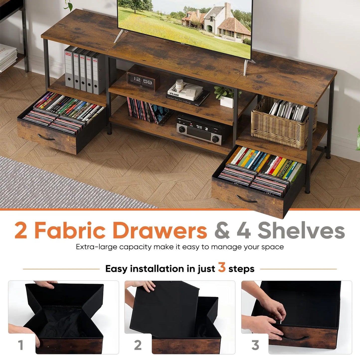 JHK Wooden TV Stand Entertainment Center With Adjustable Shelf Storage