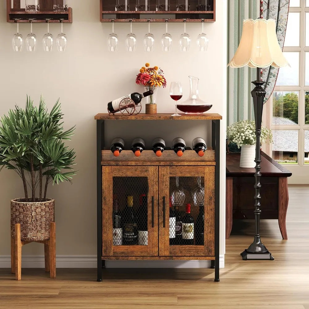 Rustic Wine Bar Cabinet With Detachable Rack And Glass Holder