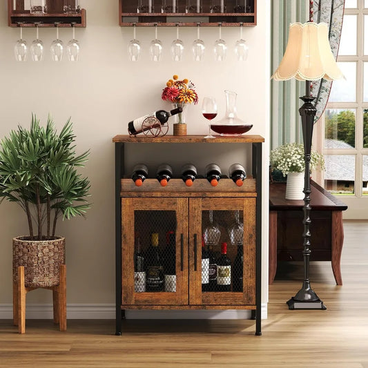 Rustic Wine Bar Cabinet With Detachable Rack And Glass Holder