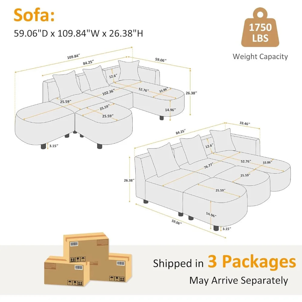 Modular Sectional Sofa Boucle Cloud Couch 5-Seater With Ottoman