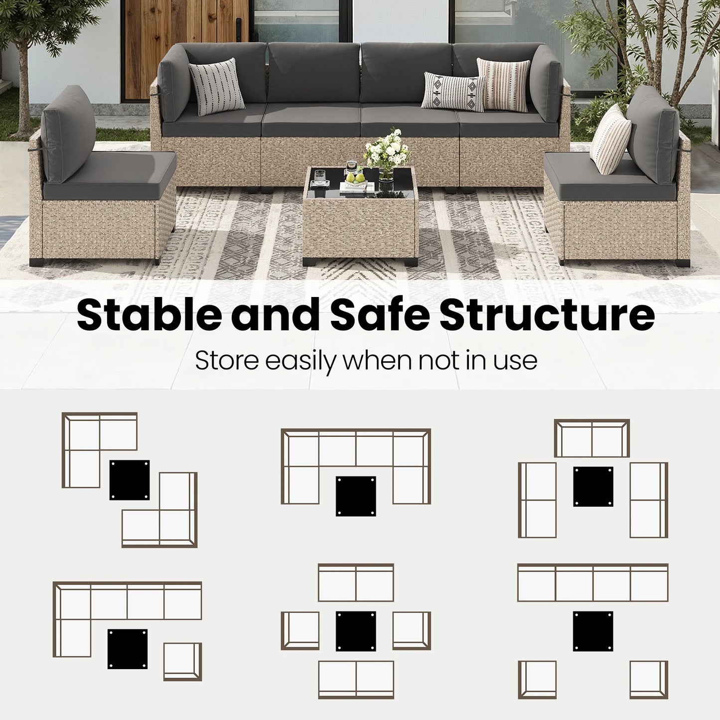 7-Piece Rattan Sectional Sofa Set With Glass Table