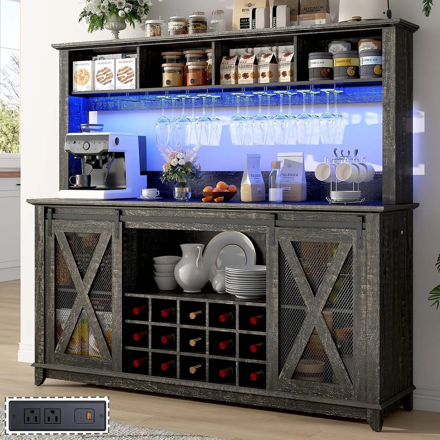 Farmhouse Coffee Bar Cabinet With Led Lights And Power Outlet