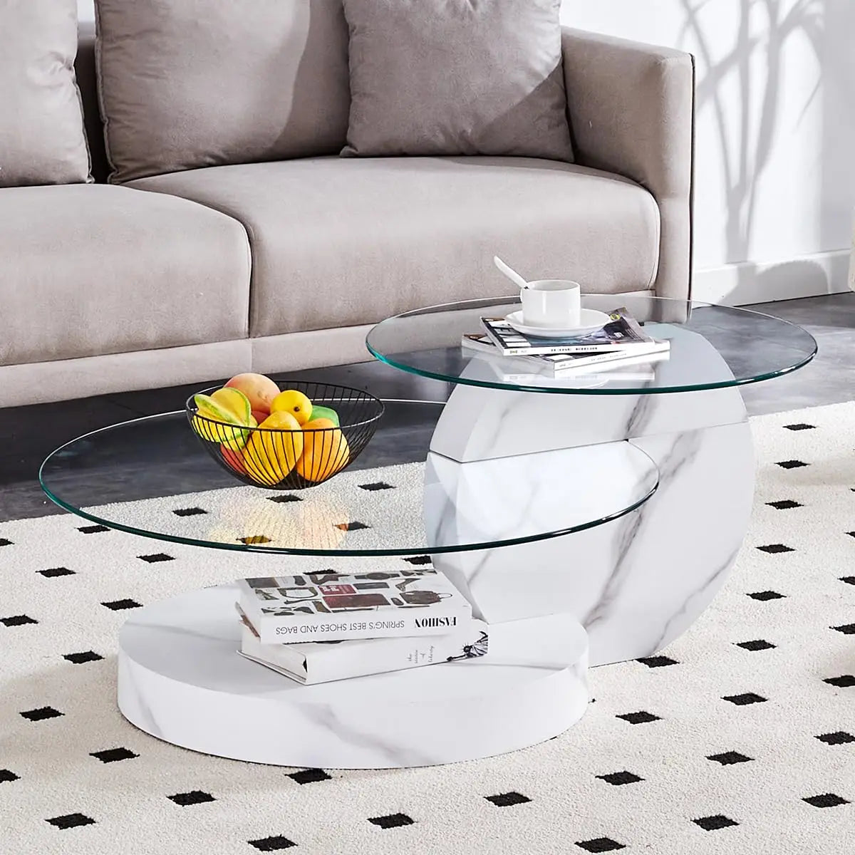 Glass Round Coffee Table Three Tier Tempered Glass Top Wood Base