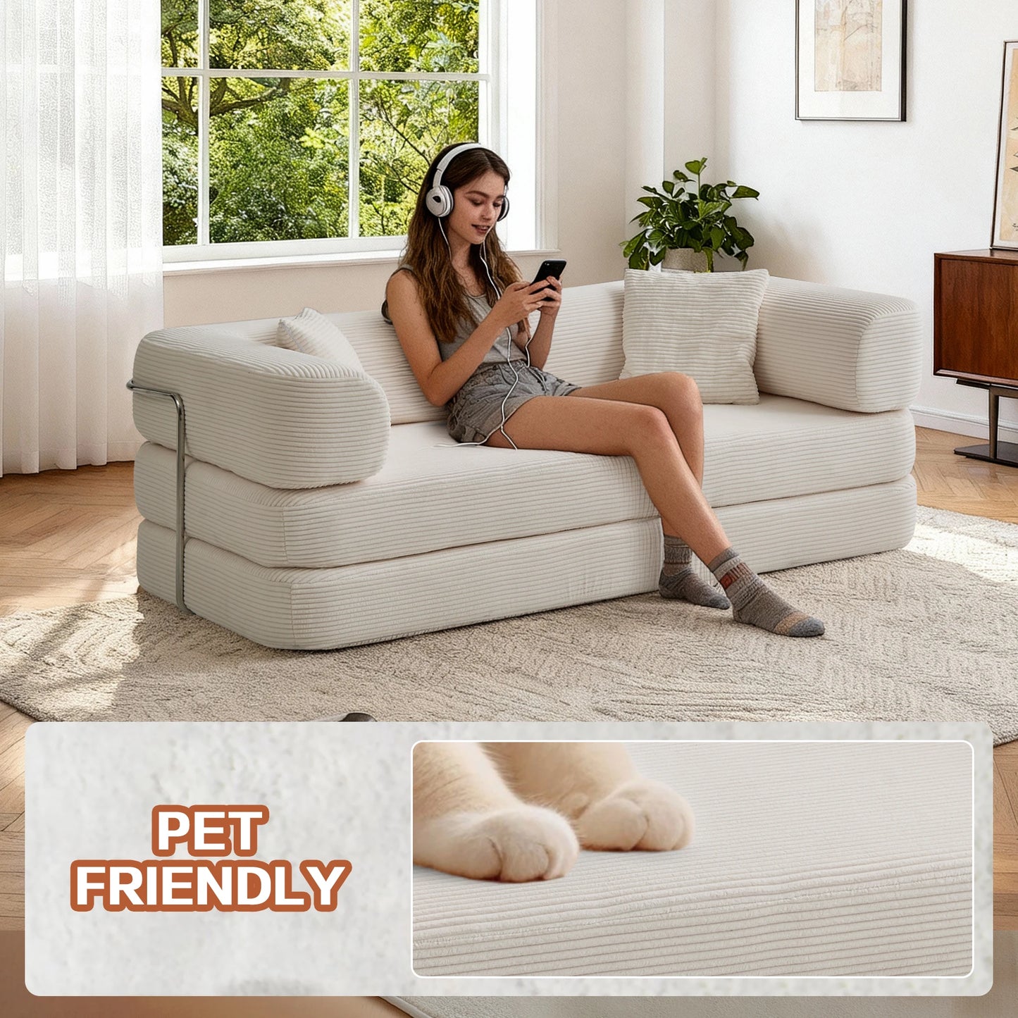 Convertible Futon Sofa Bed With L Shaped Armrests
