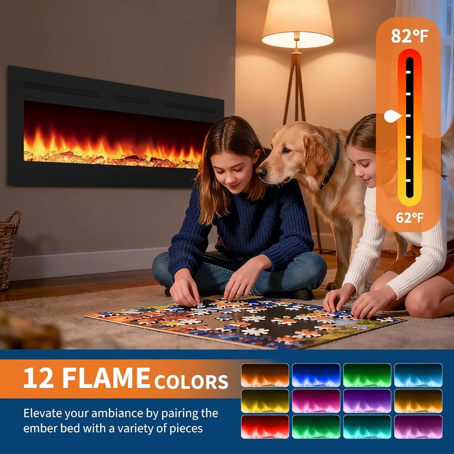 50" 3D Electric Fireplace Recessed & Wall Mounted Stove with 12 Color LED Flame Modes 900/1800w Dual-Power Heating