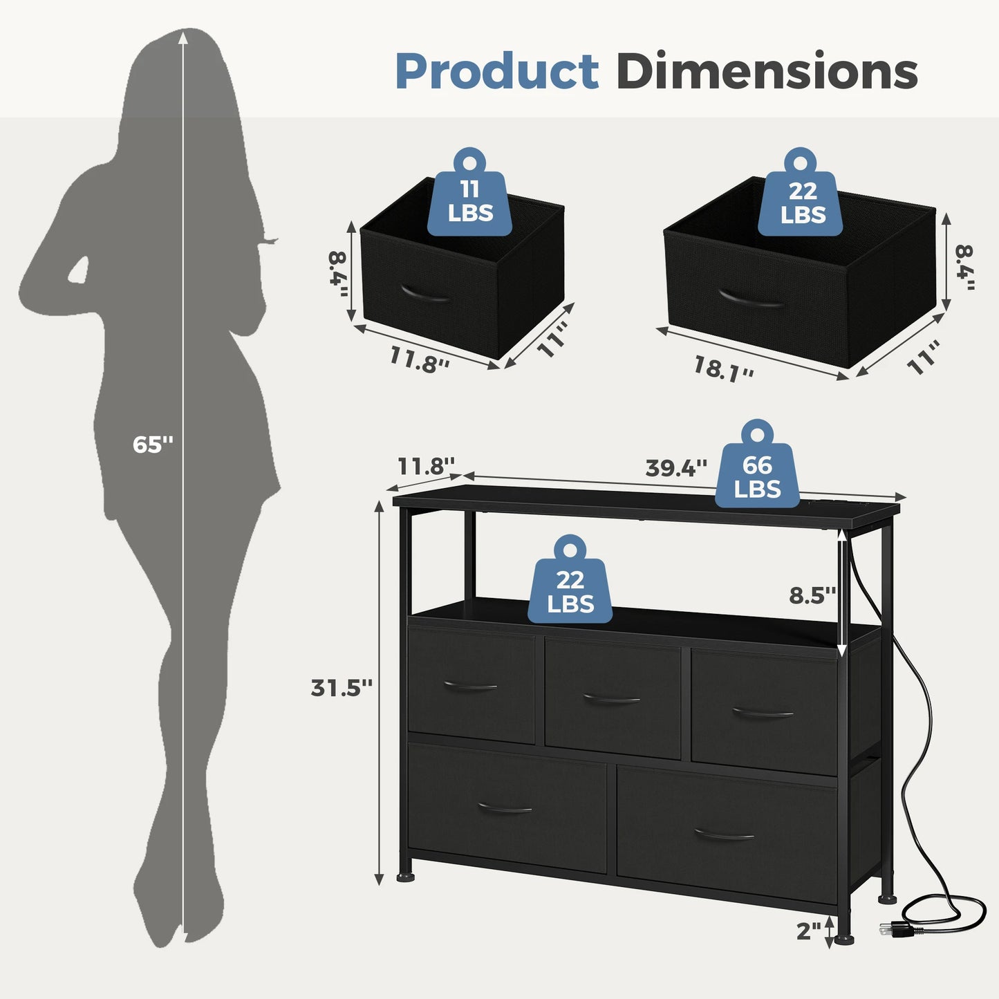 JHK TV Stand With Charging Station Media Console Open Shelves